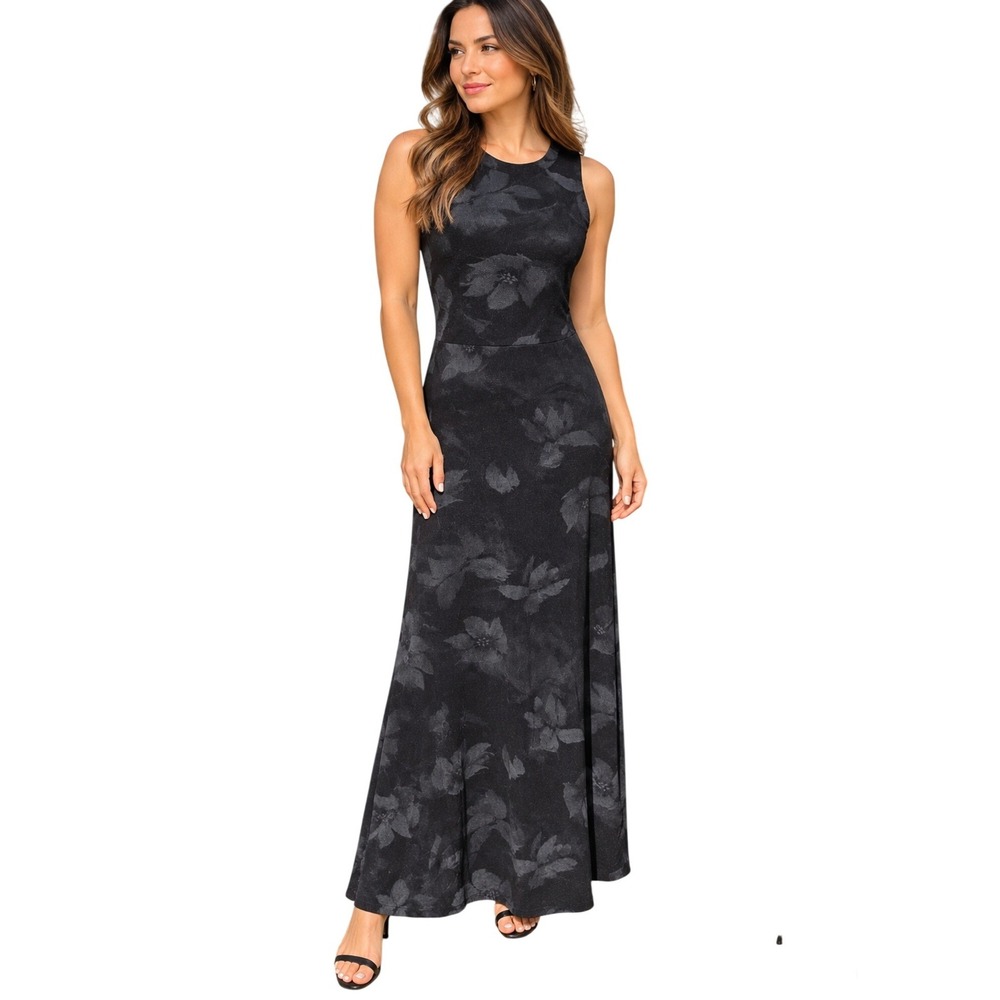 B_ANK Womens Black Metallic Floral Sleeveless Maxi Dress Size XS Round Neck